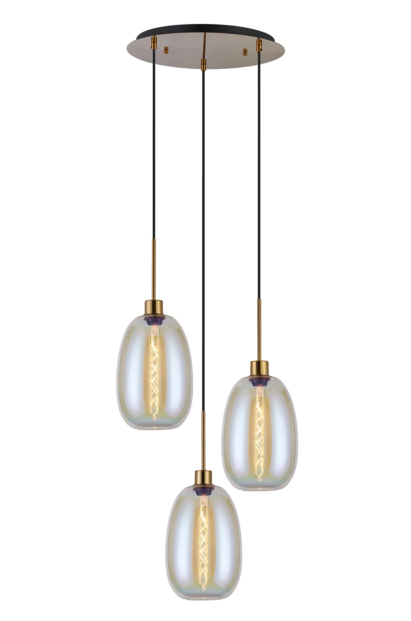 DK1175  Lori cm Round Pendant, 3 Light Adjustable E27, Antique Gold/Iridescent Slim Curved Trapezium Shades